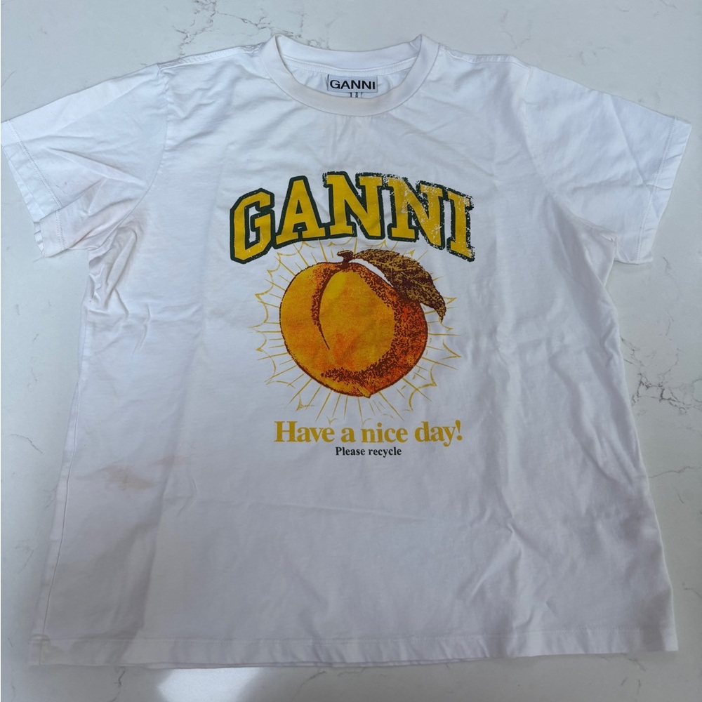 Ganni White Tee with Yellow and Orange Graphic